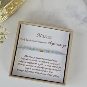 Bransoletka dla osób urodzonych w marcu, bransoletka z kamieniem akwamaryn, bransoletka na sznureczku